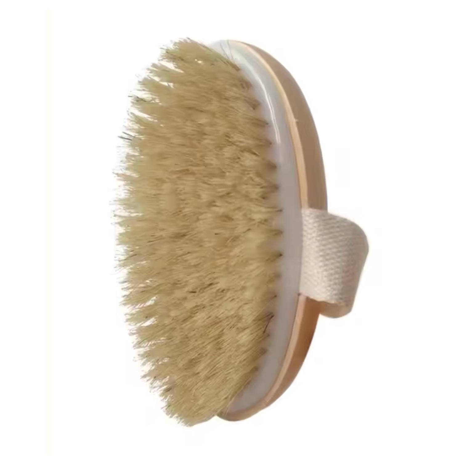 Horse grooming body brush with natural bristles and a wooden handle, isolated on white
